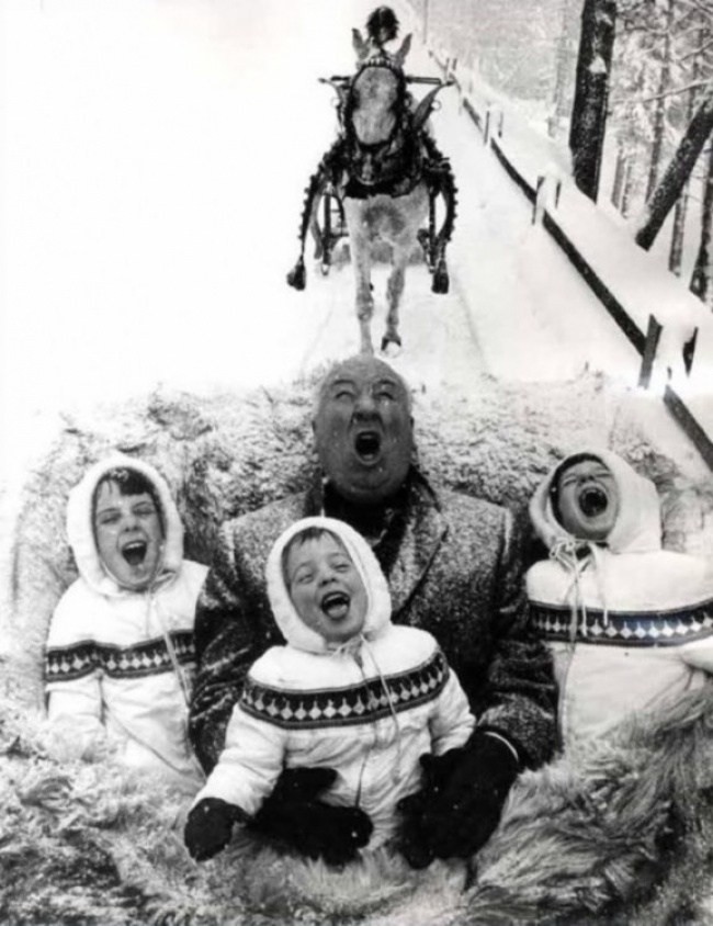 Алфред Хичкок във файтон с внуците си, 1960, viralfhd.com